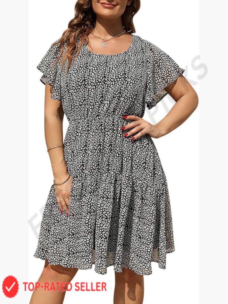 Boho Midi Dress Floral Print Ruffle Sleeve Chiffon Casual Summer Plus Size